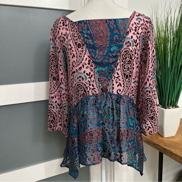 Anthropologie Floreat Velvet Burnout Blouse Small Purple Teal Boho Silk Blend - Picture 9 of 9